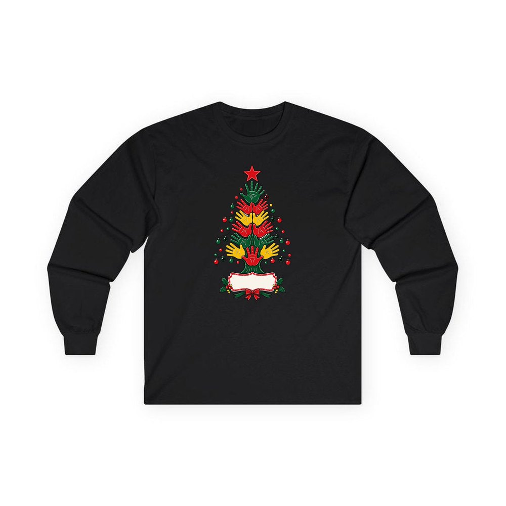Handprint Christmas Tree personalised long sleeve Christmas T-shirt in black