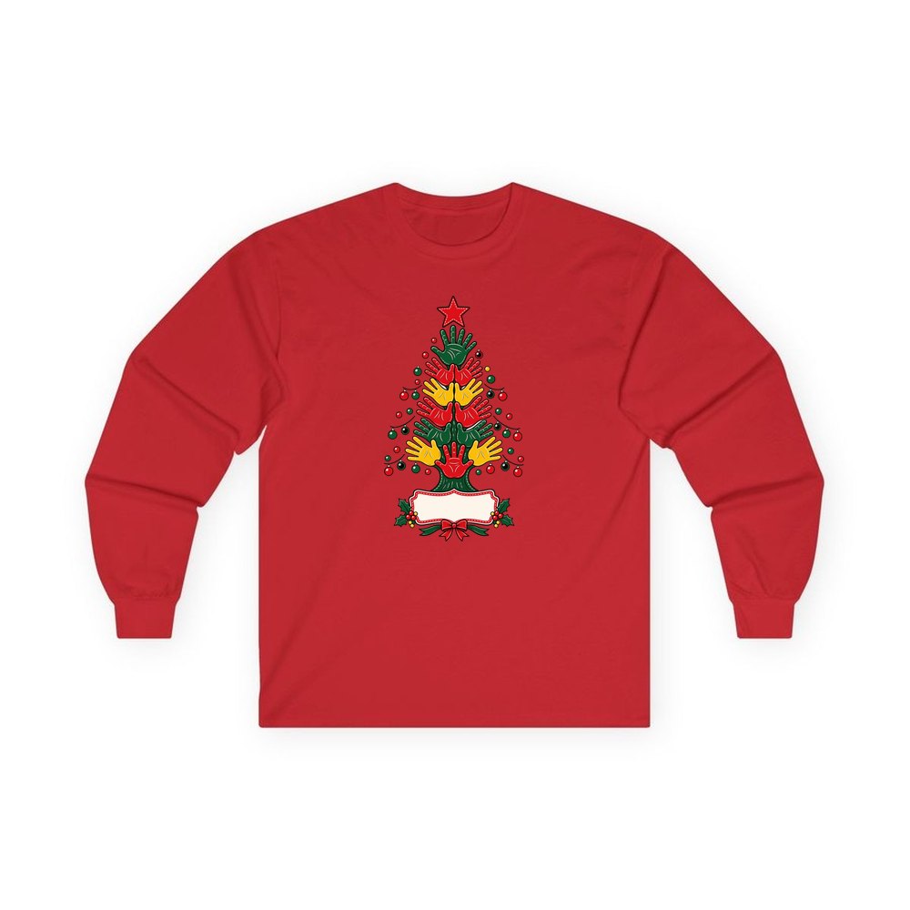Handprint Christmas Tree personalised long sleeve Christmas T-shirt in red