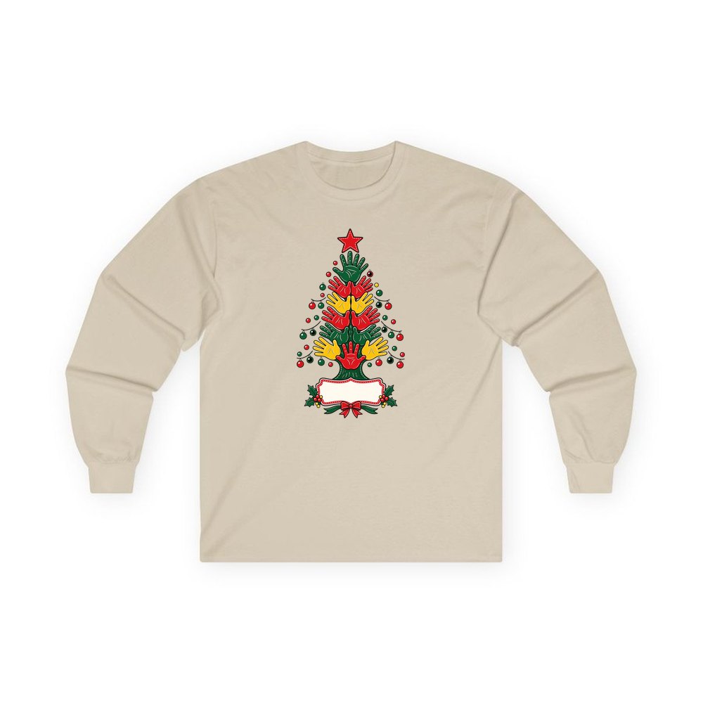 Handprint Christmas Tree personalised long sleeve Christmas T-shirt in sand