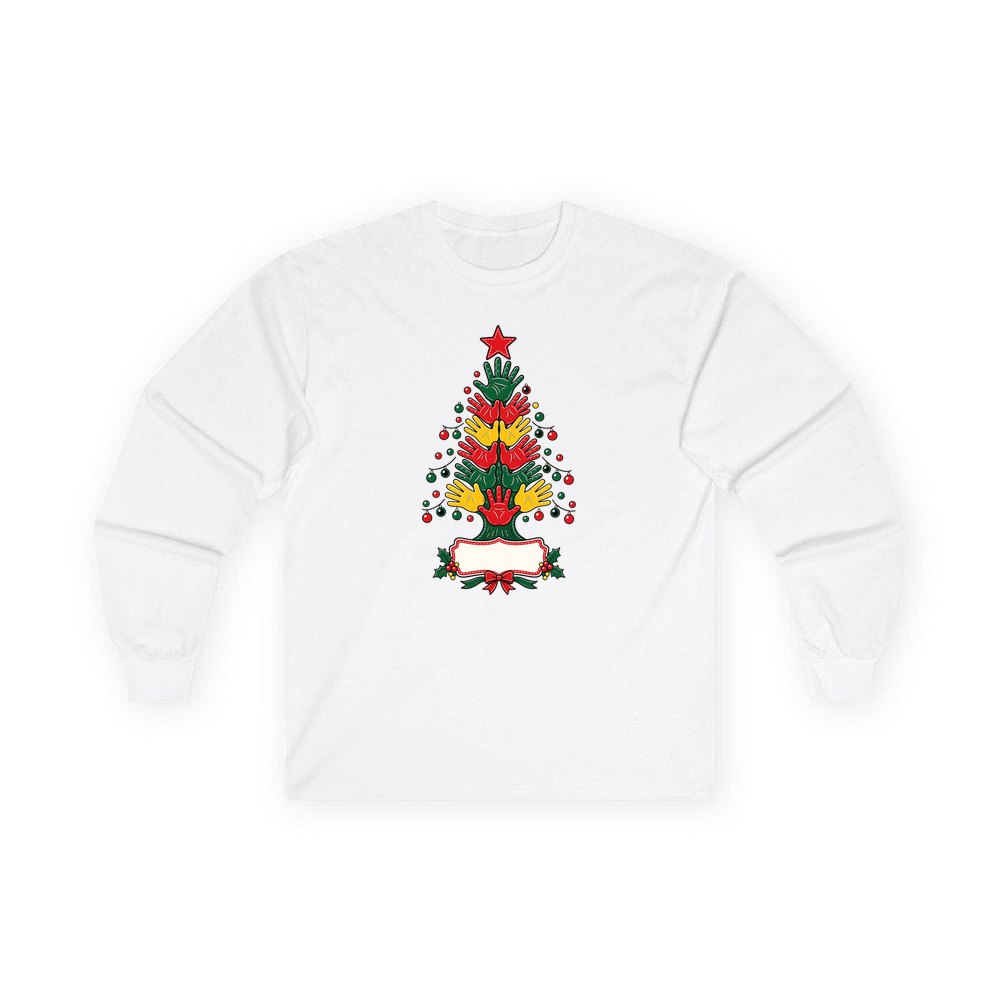 Handprint Christmas Tree personalised long sleeve Christmas T-shirt in white