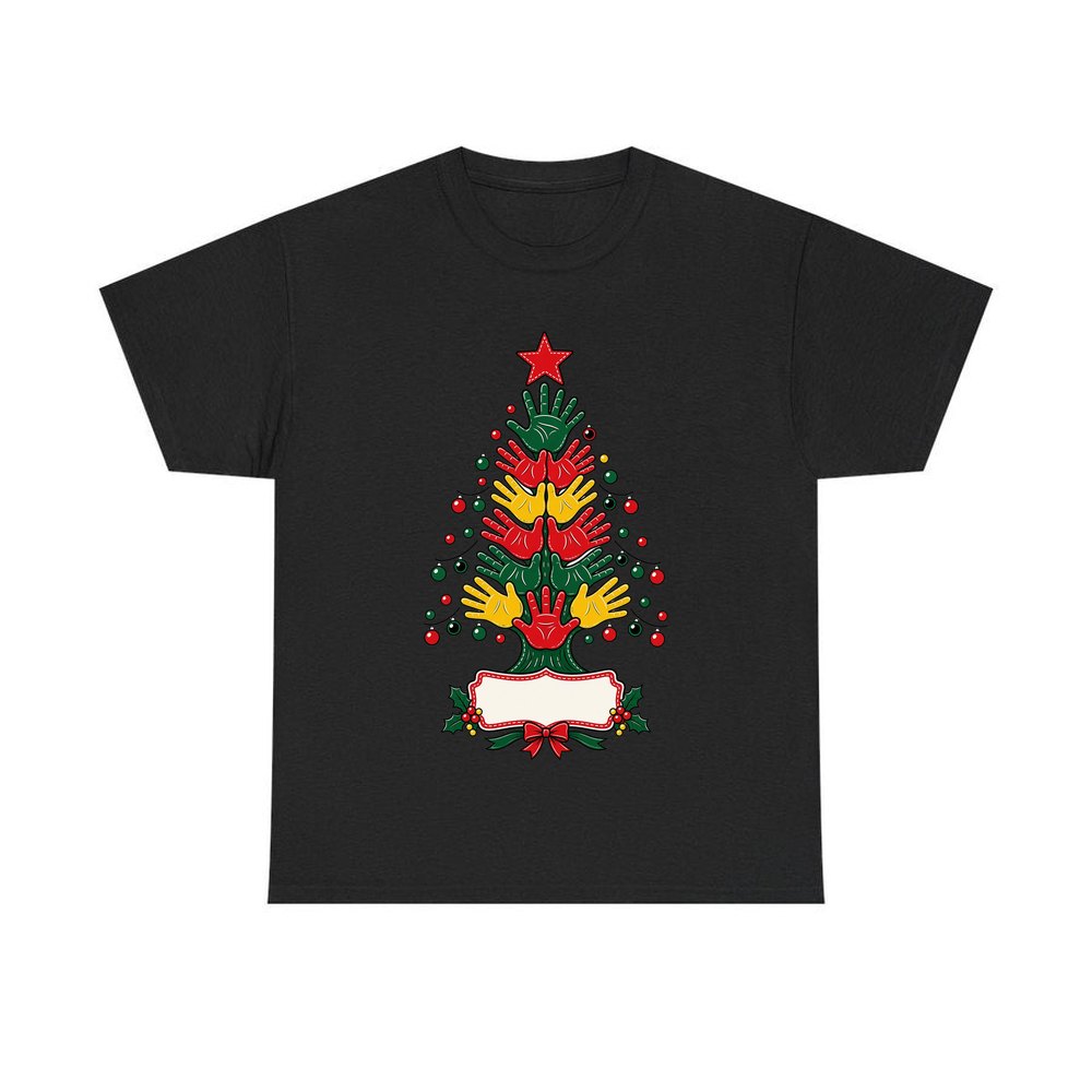 Handprint Christmas Tree personalised Christmas T-shirt in black