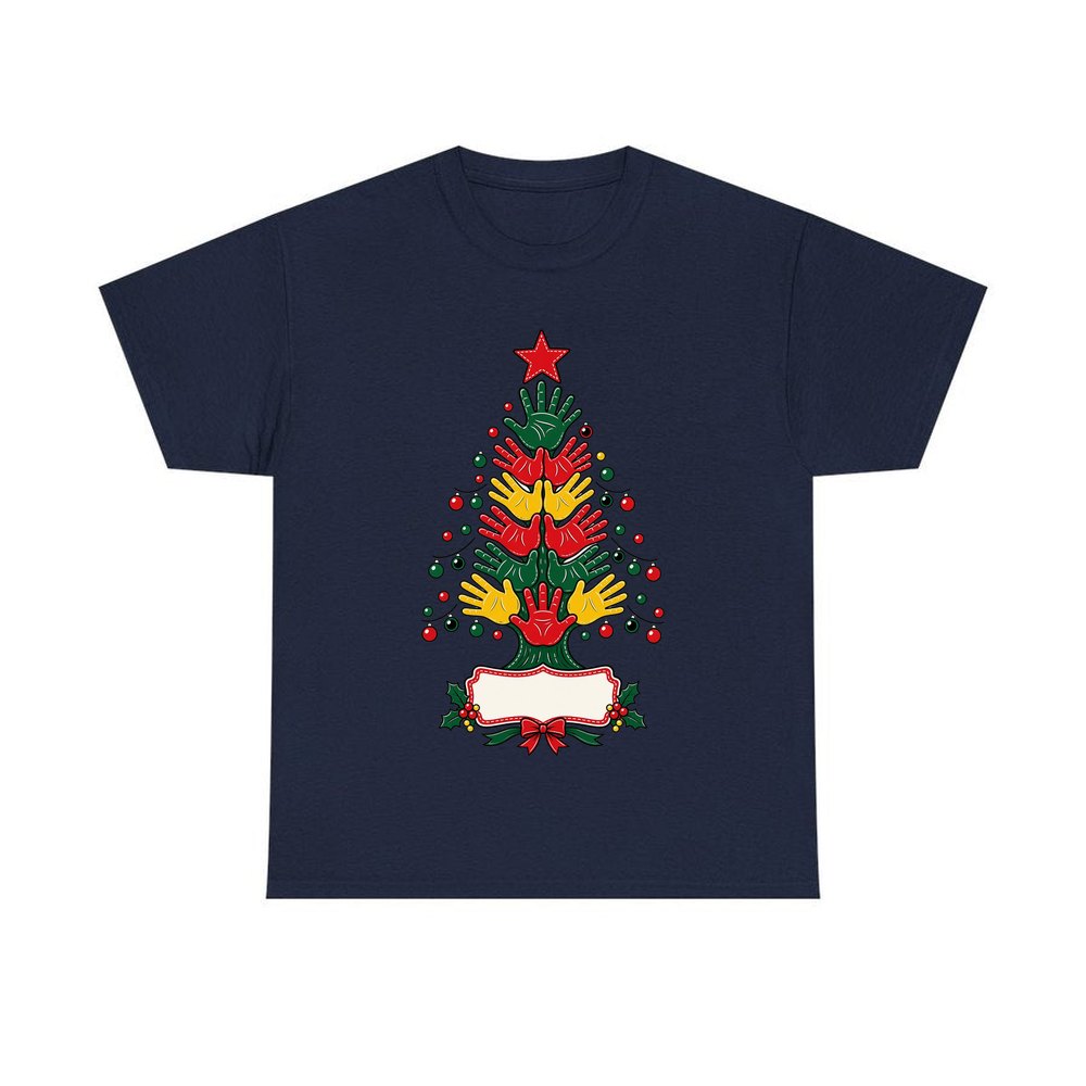 Handprint Christmas Tree personalised Christmas T-shirt in navy