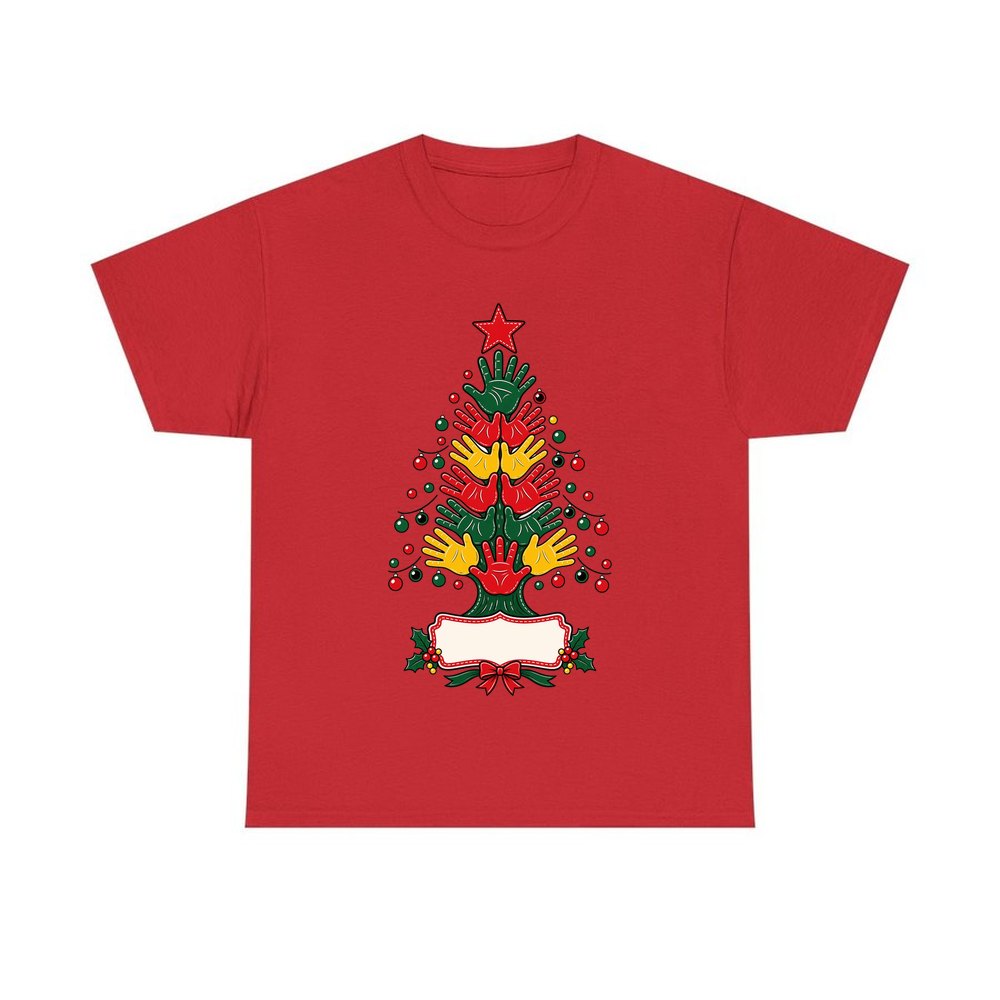 Handprint Christmas Tree personalised Christmas T-shirt in red