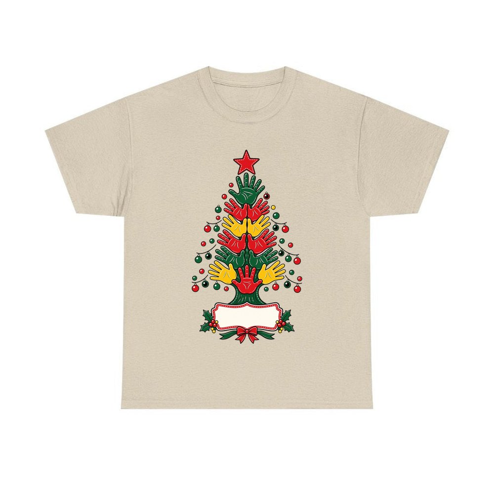 Handprint Christmas Tree personalised Christmas T-shirt in sand