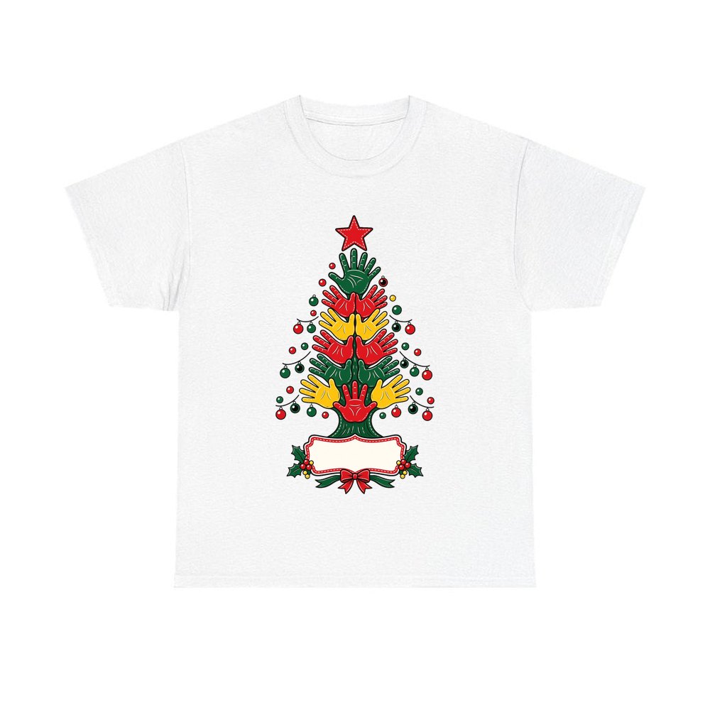 Handprint Christmas Tree personalised Christmas T-shirt in white