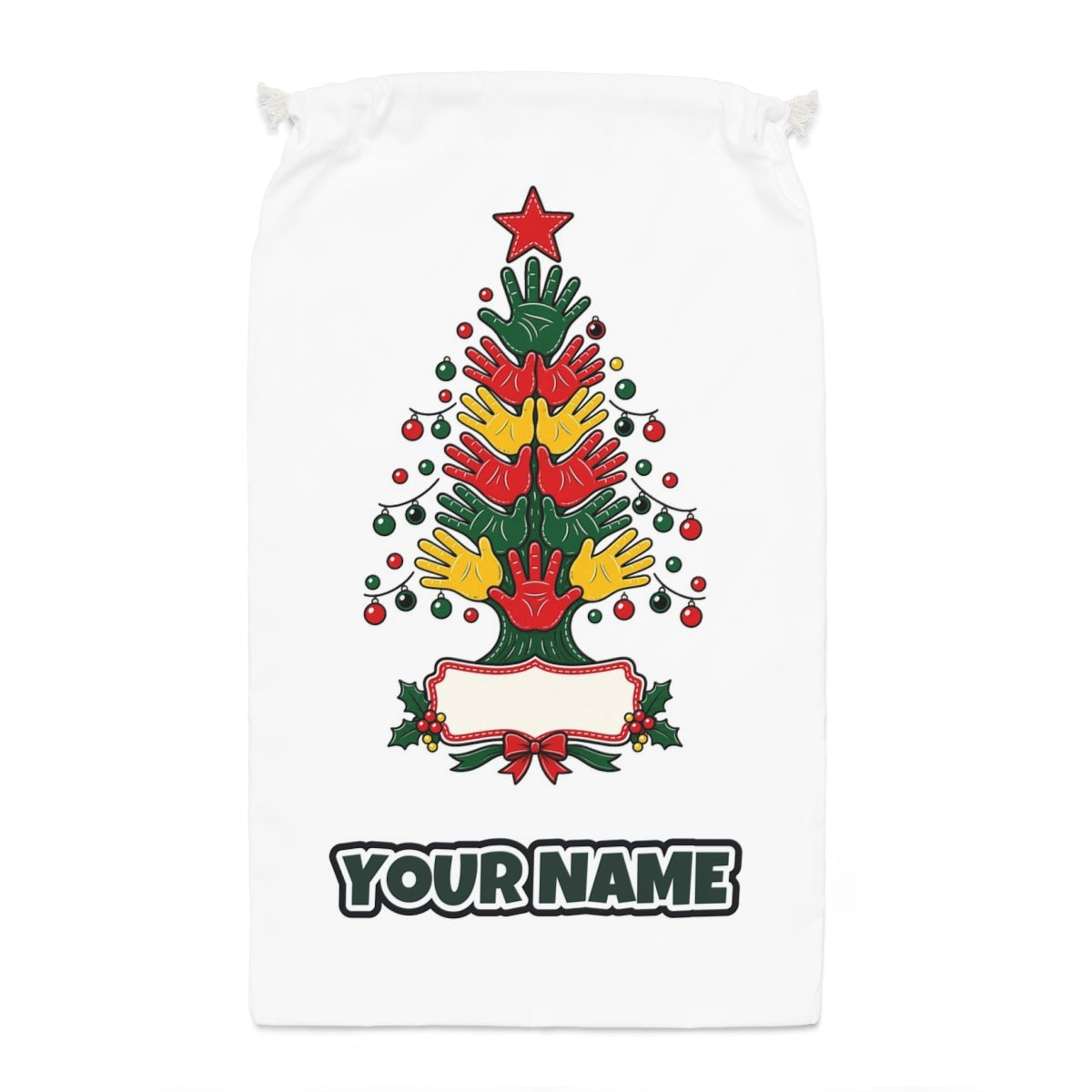Handprint Christmas Tree Santa sack laid flat, showing the full print