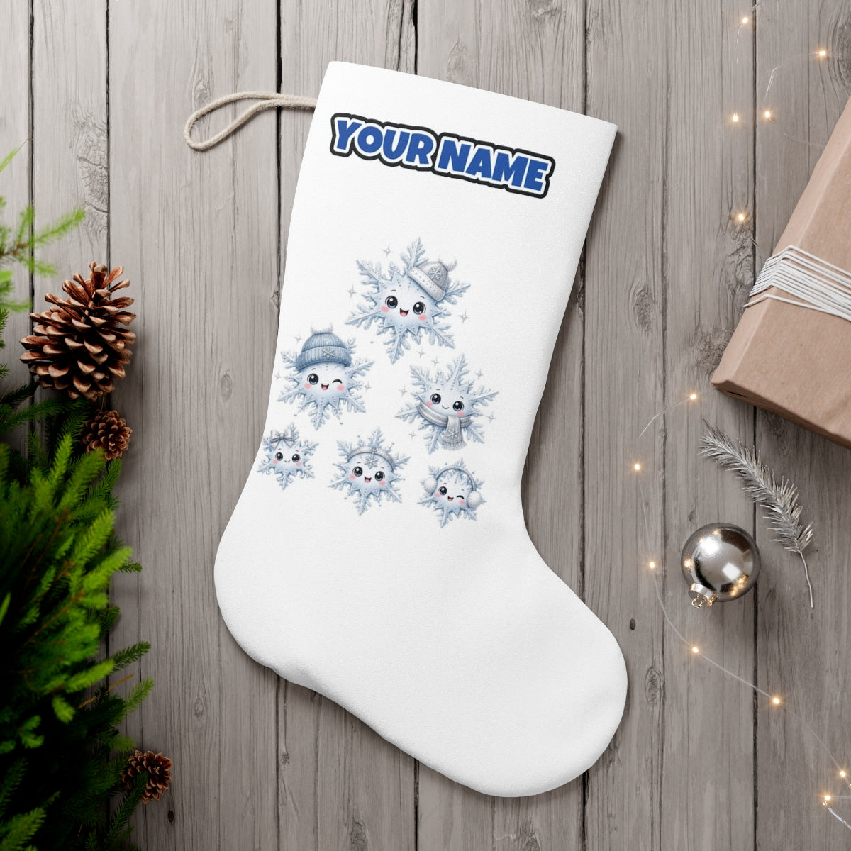 Happy Snowflake Friends personalised Christmas stocking, white, with the name across the top