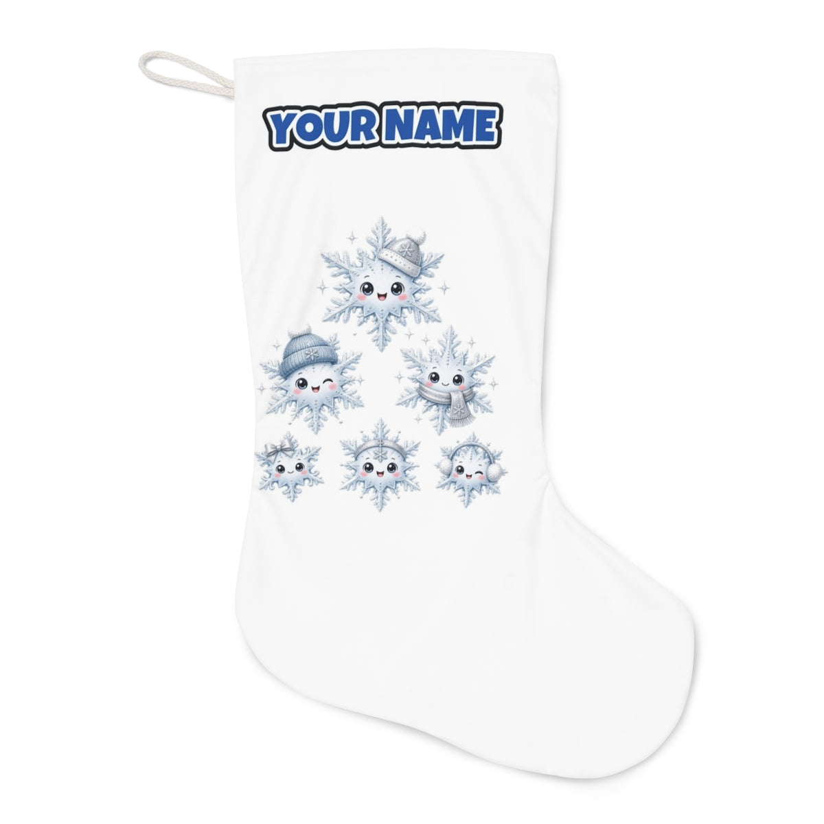 Happy Snowflake Friends Christmas stocking laid flat, showing the full print