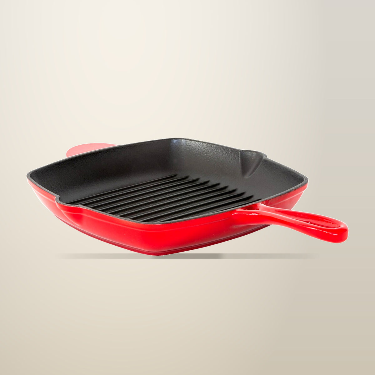 Healthy Choice Red Enamelled Cast Iron Grill Pan, 44 x 30 cm, on a plain cream background