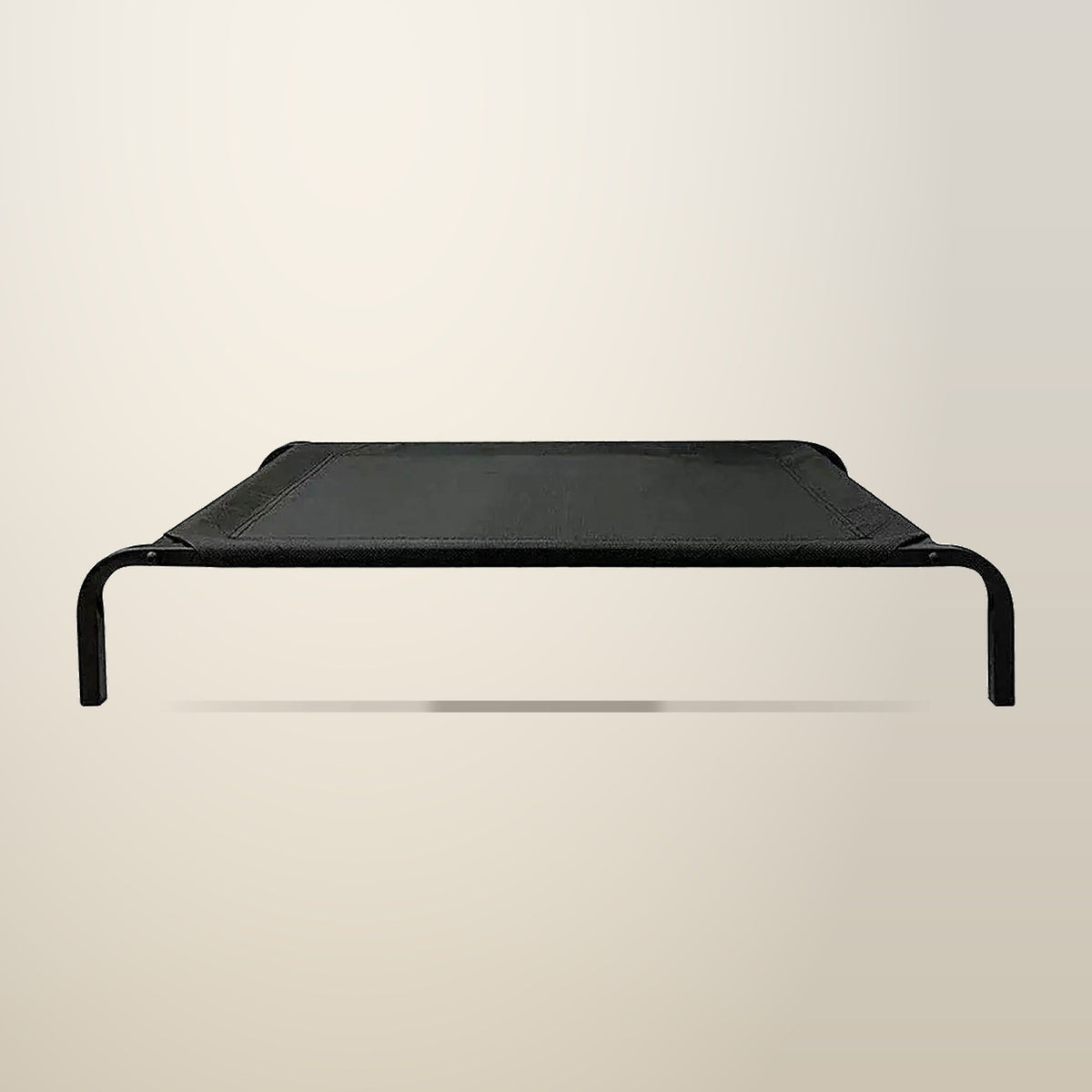 Raised Pet Trampoline Hammock Bed, Black Mesh, on a plain cream background