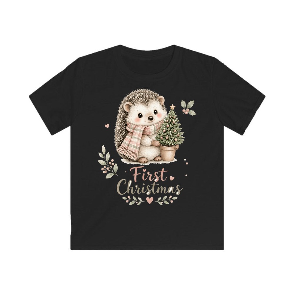 Hedgehog First Christmas Tree personalised kids Christmas tee in black