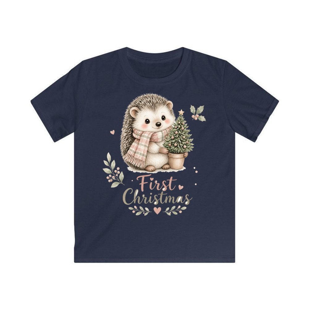 Hedgehog First Christmas Tree personalised kids Christmas tee in navy