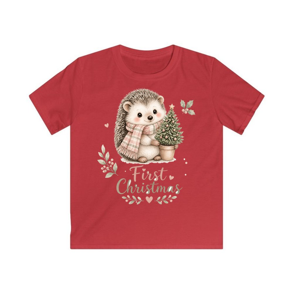 Hedgehog First Christmas Tree personalised kids Christmas tee in red