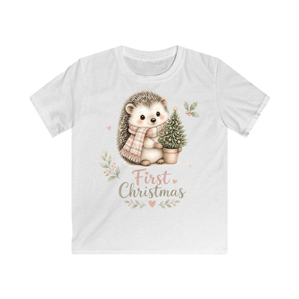 Hedgehog First Christmas Tree personalised kids Christmas tee in white