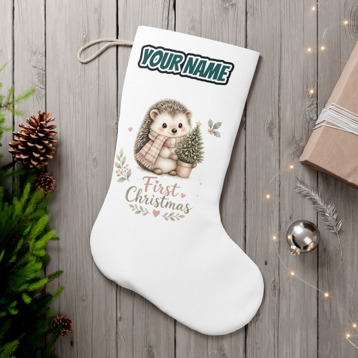 Hedgehog First Christmas Tree personalised Christmas stocking, white, with the name across the top