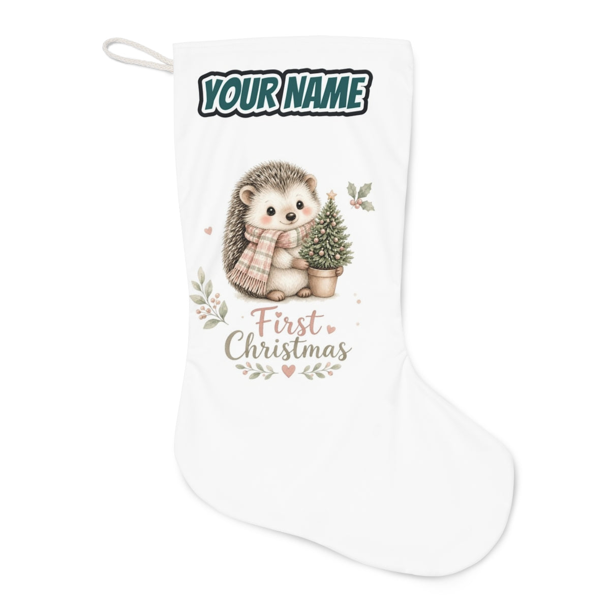 Hedgehog First Christmas Tree Christmas stocking laid flat, showing the full print
