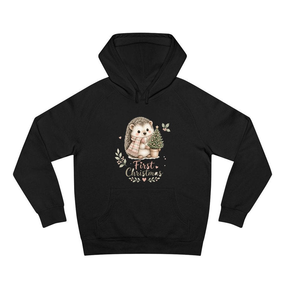 Hedgehog First Christmas Tree personalised Christmas hoodie in black