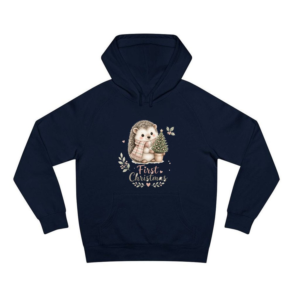 Hedgehog First Christmas Tree personalised Christmas hoodie in navy