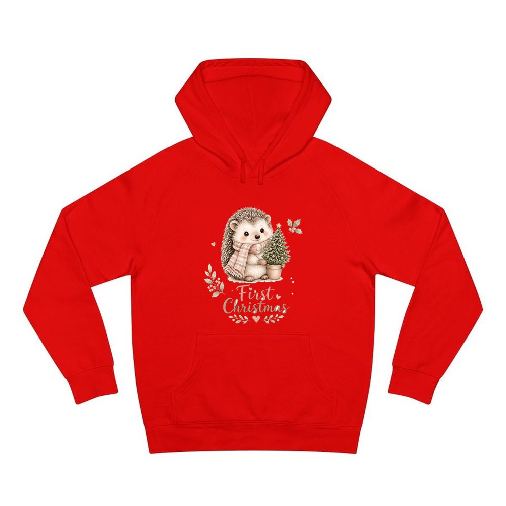 Hedgehog First Christmas Tree personalised Christmas hoodie in red