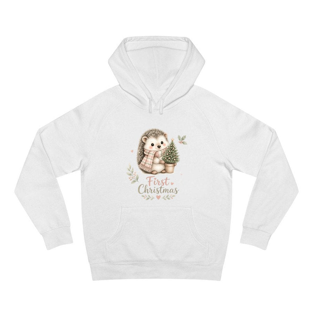 Hedgehog First Christmas Tree personalised Christmas hoodie in white