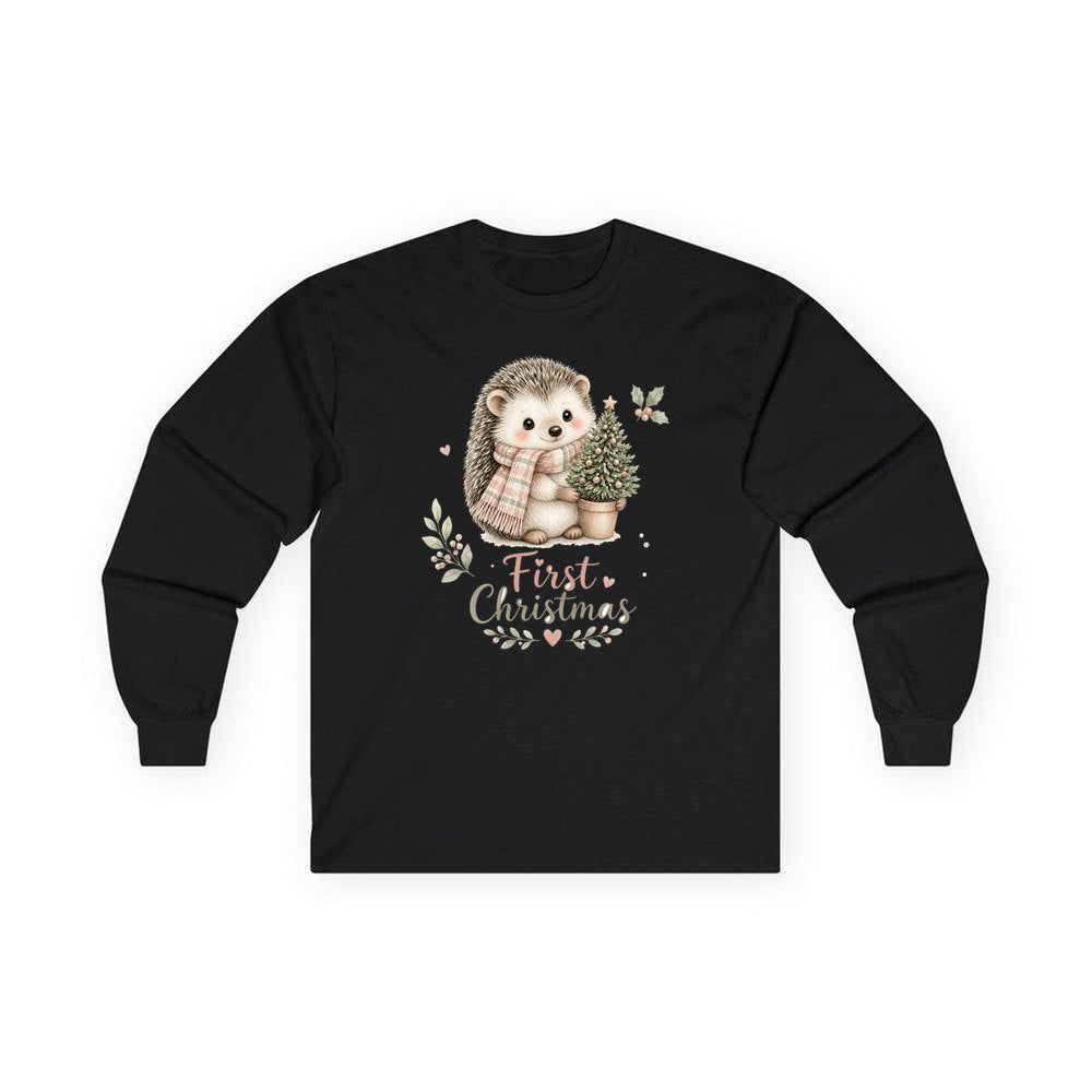 Hedgehog First Christmas Tree personalised long sleeve Christmas T-shirt in black
