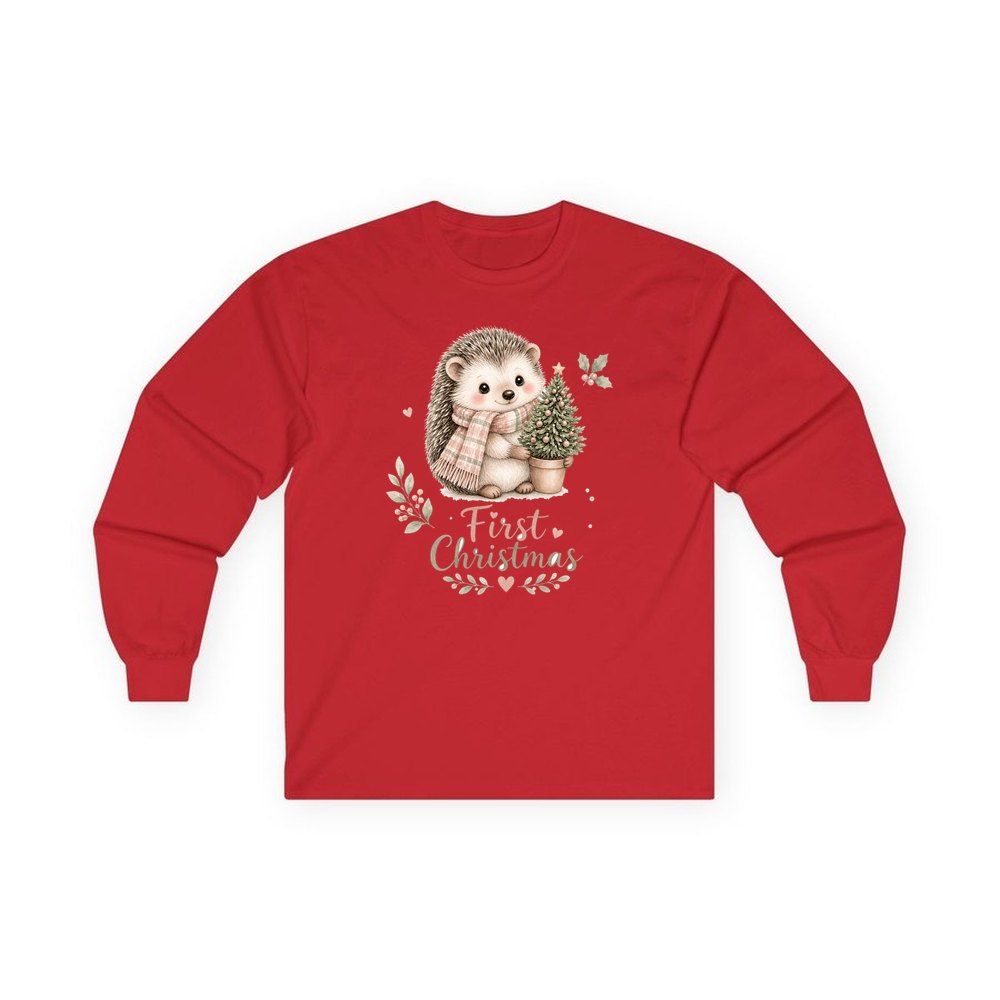Hedgehog First Christmas Tree personalised long sleeve Christmas T-shirt in red