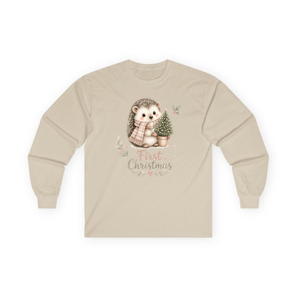 Hedgehog First Christmas Tree personalised long sleeve Christmas T-shirt in sand