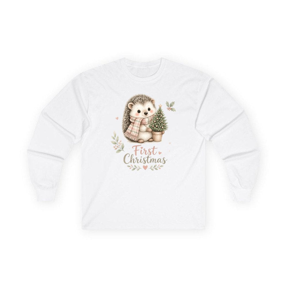 Hedgehog First Christmas Tree personalised long sleeve Christmas T-shirt in white