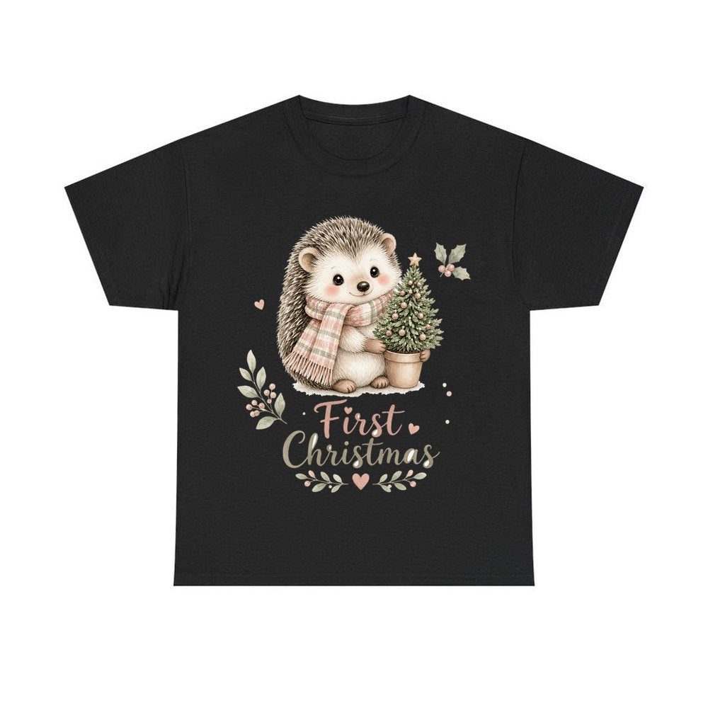 Hedgehog First Christmas Tree personalised Christmas T-shirt in black
