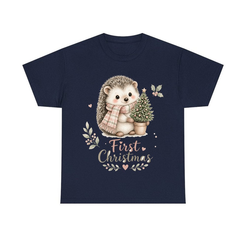 Hedgehog First Christmas Tree personalised Christmas T-shirt in navy