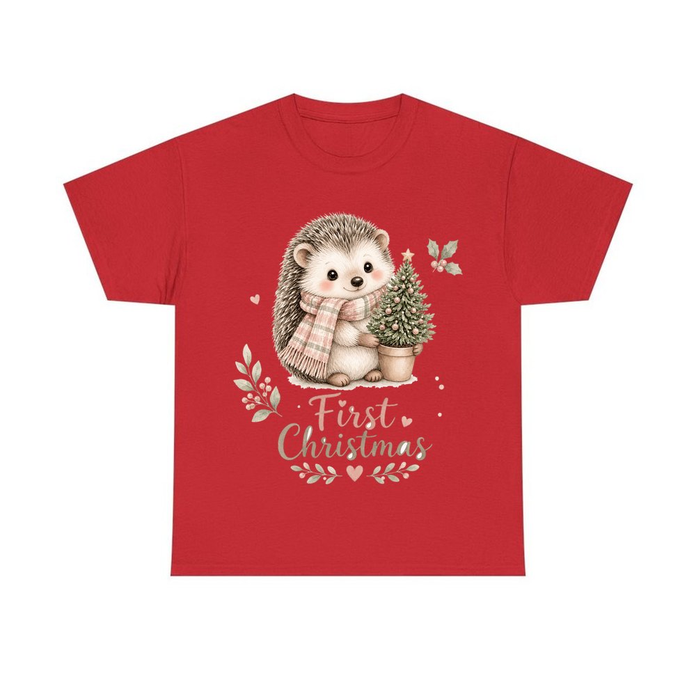 Hedgehog First Christmas Tree personalised Christmas T-shirt in red