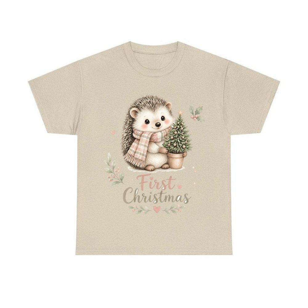 Hedgehog First Christmas Tree personalised Christmas T-shirt in sand