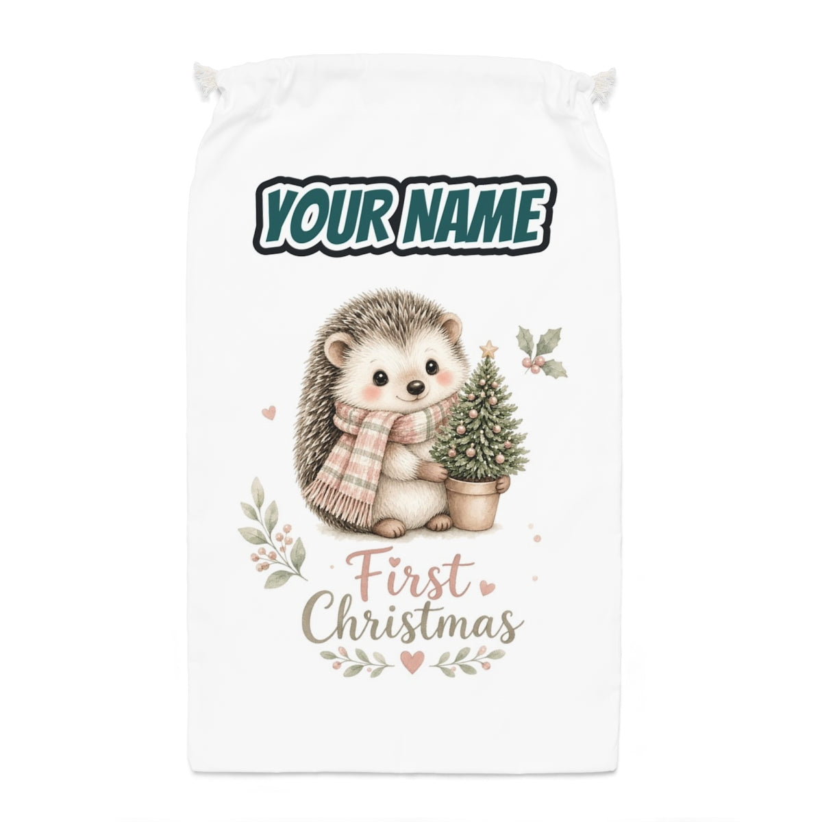 Hedgehog First Christmas Tree Santa sack laid flat, showing the full print