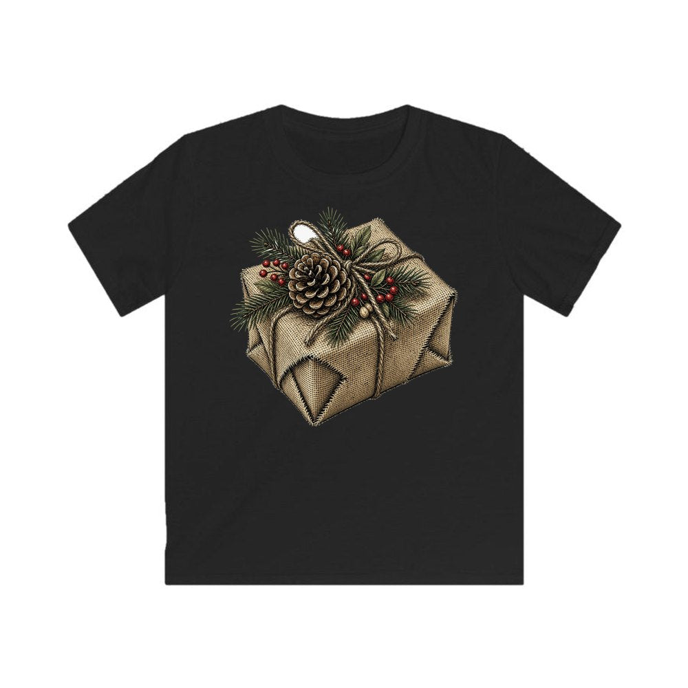 Hessian Wrapped Christmas Gift personalised kids Christmas tee in black