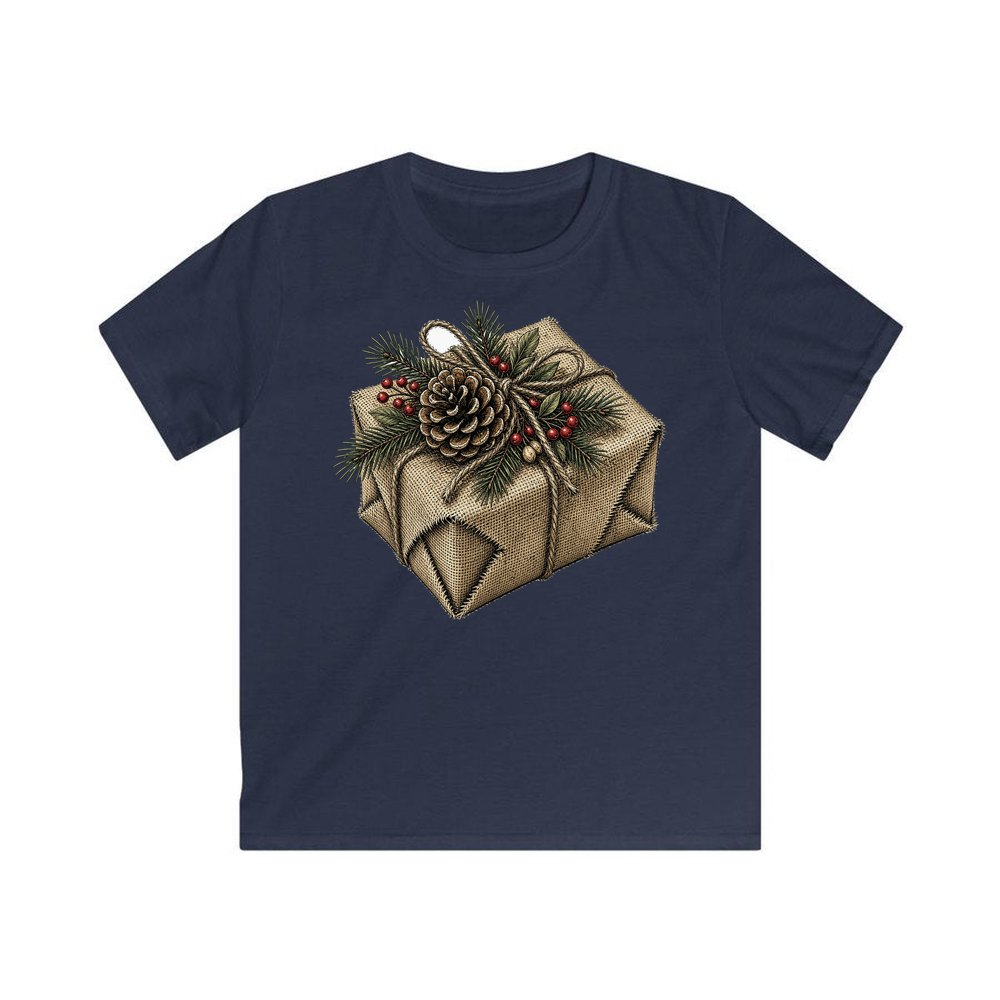 Hessian Wrapped Christmas Gift personalised kids Christmas tee in navy