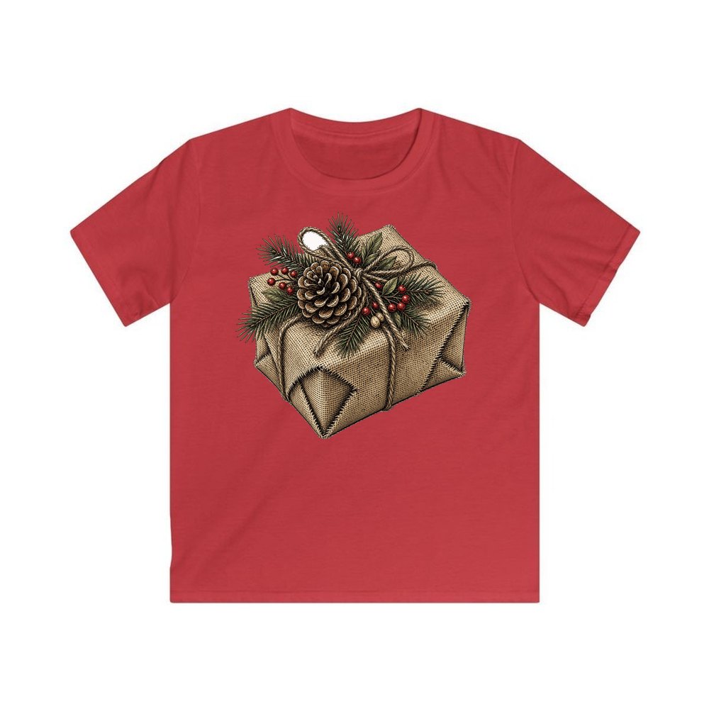 Hessian Wrapped Christmas Gift personalised kids Christmas tee in red