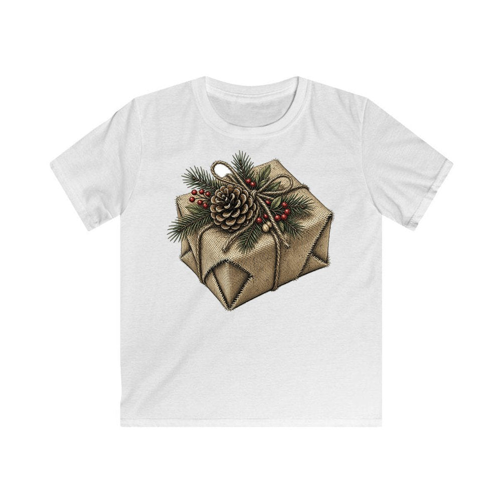 Hessian Wrapped Christmas Gift personalised kids Christmas tee in white