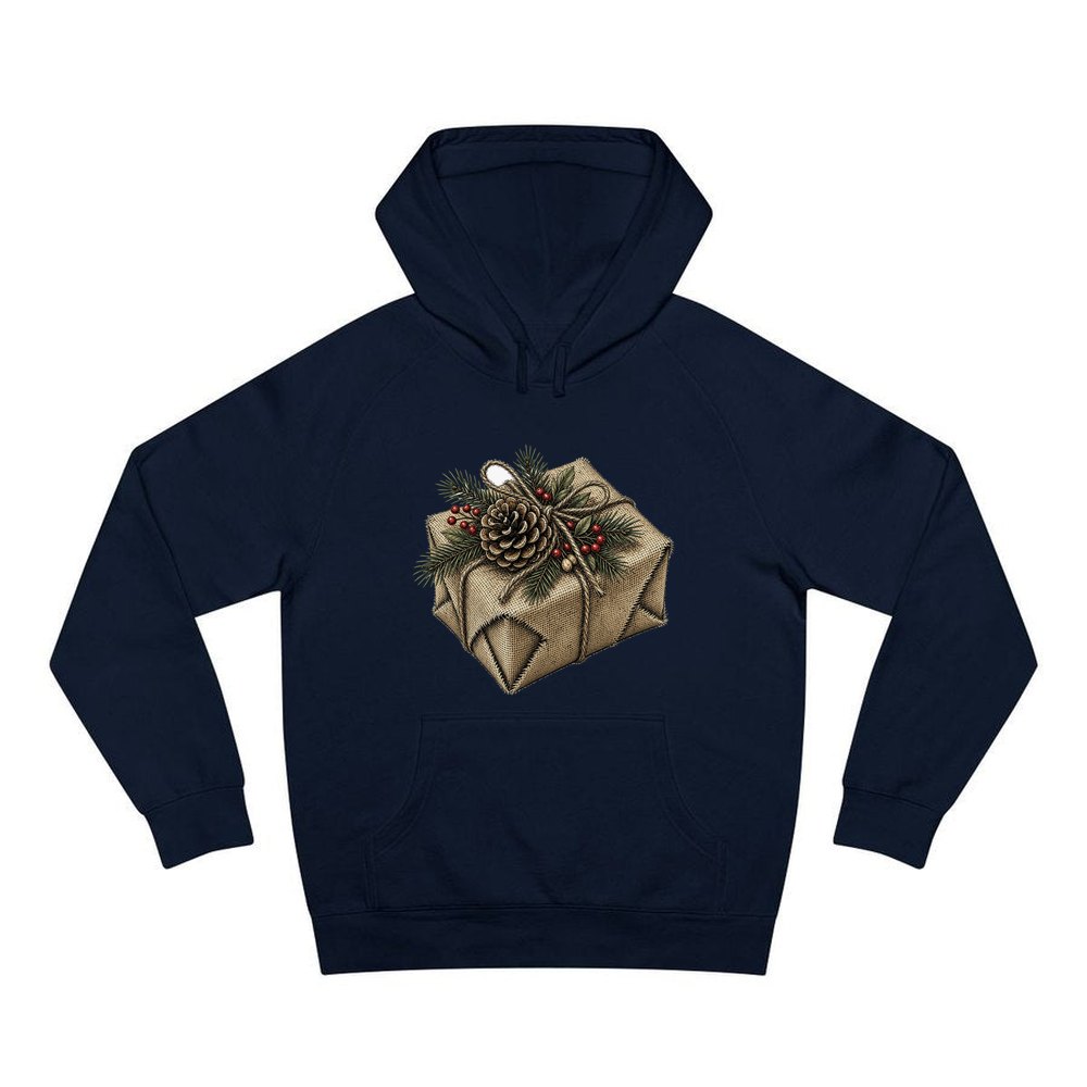 Hessian Wrapped Christmas Gift personalised Christmas hoodie in navy