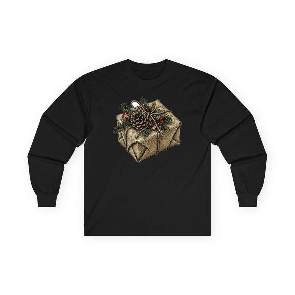 Hessian Wrapped Christmas Gift personalised long sleeve Christmas T-shirt in black