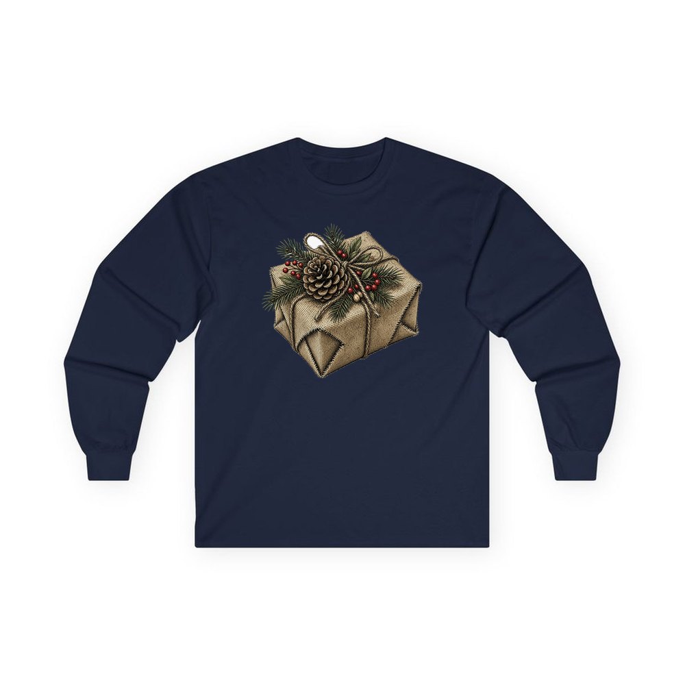 Hessian Wrapped Christmas Gift personalised long sleeve Christmas T-shirt in navy