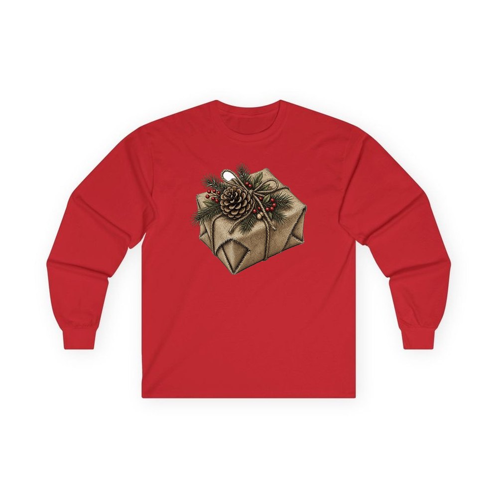 Hessian Wrapped Christmas Gift personalised long sleeve Christmas T-shirt in red