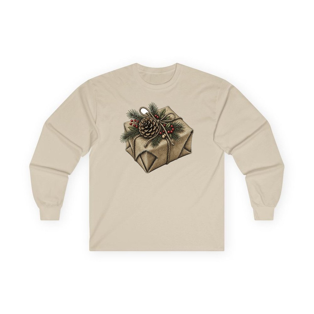 Hessian Wrapped Christmas Gift personalised long sleeve Christmas T-shirt in sand