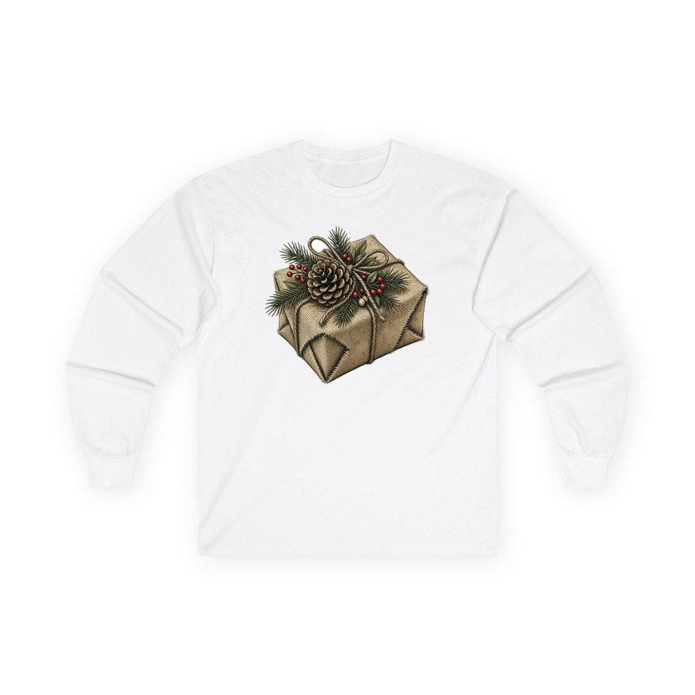 Hessian Wrapped Christmas Gift personalised long sleeve Christmas T-shirt in white