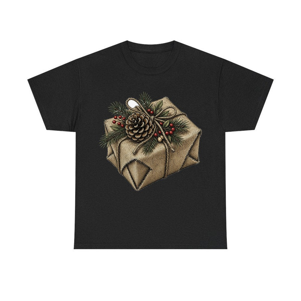 Hessian Wrapped Christmas Gift personalised Christmas T-shirt in black
