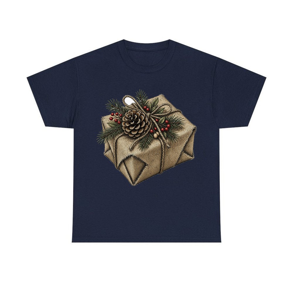 Hessian Wrapped Christmas Gift personalised Christmas T-shirt in navy