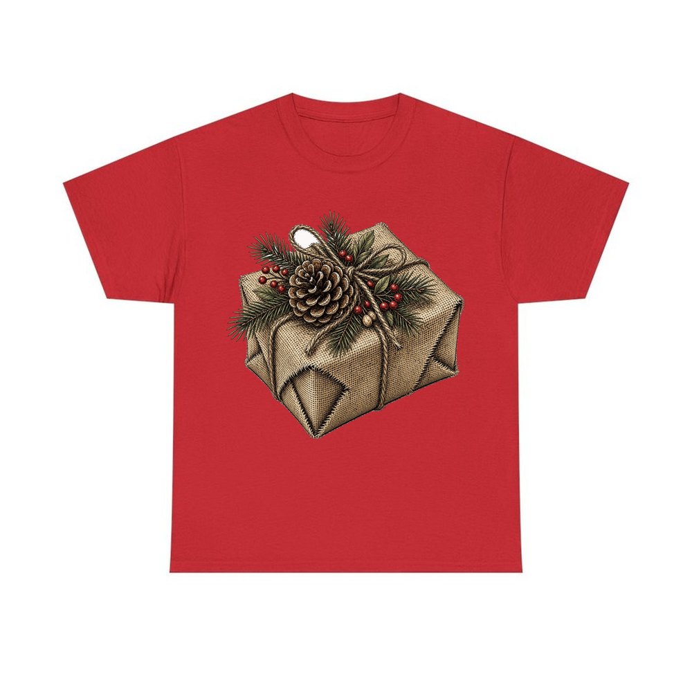 Hessian Wrapped Christmas Gift personalised Christmas T-shirt in red