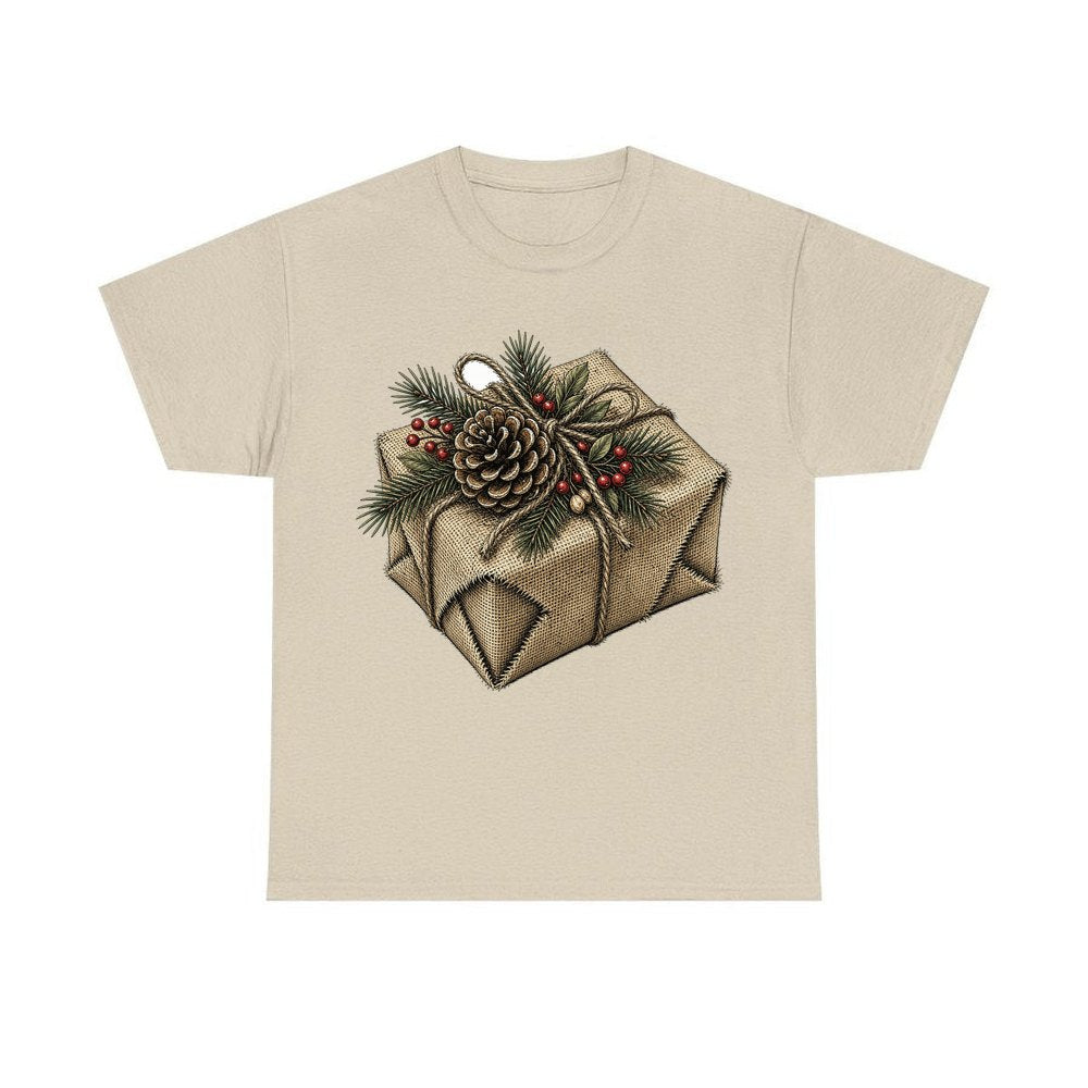 Hessian Wrapped Christmas Gift personalised Christmas T-shirt in sand