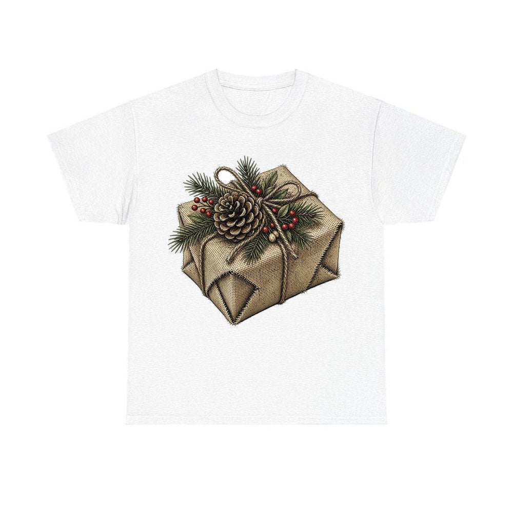 Hessian Wrapped Christmas Gift personalised Christmas T-shirt in white