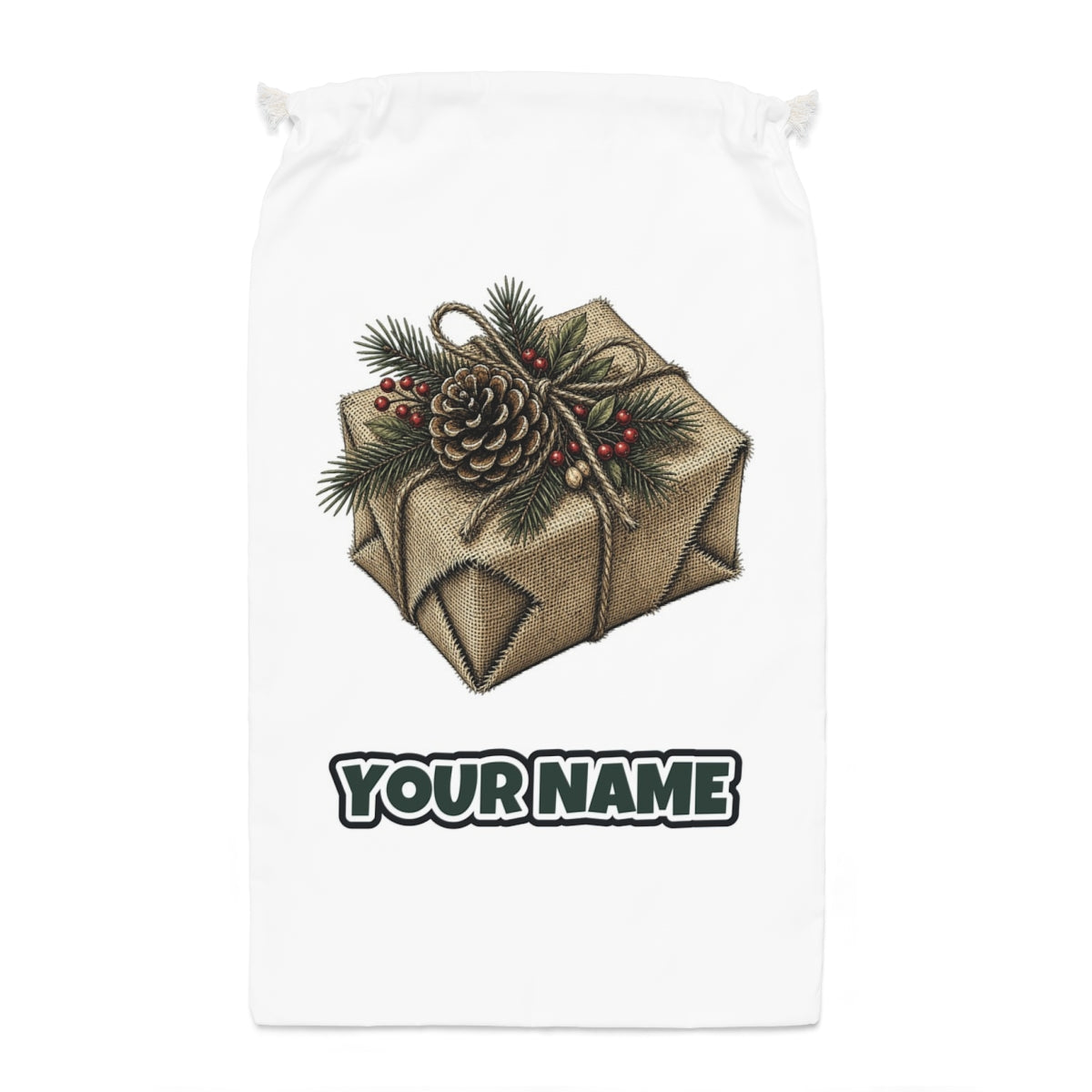 Hessian Wrapped Christmas Gift Santa sack laid flat, showing the full print