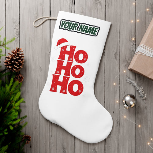 Ho Ho Ho Santa Hat personalised Christmas stocking, white, with the name across the top